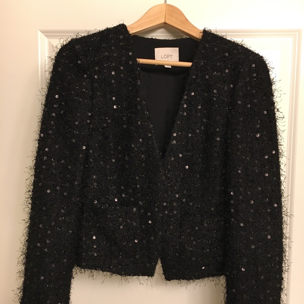 Loft Black Sequin Frisse Crop Blazer Jacket 4